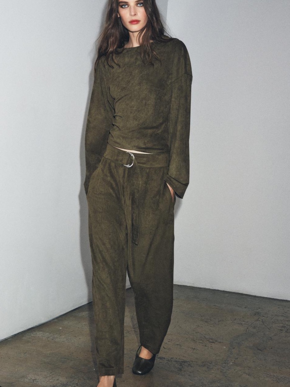 Zara Nwt Faux Suede Balloon Trousers Olive Green Small S Barrel Leg 5070/463